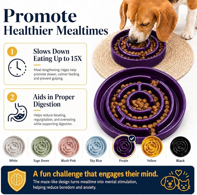 Ceramic Slow Feeder Dog Bowls with Anti-Slip, Slow Feeder & Non-Slip Design, Boredom and Anxiety Reducer, Suitable for All Breed Dogs and Cat (Ceramic-Purple)