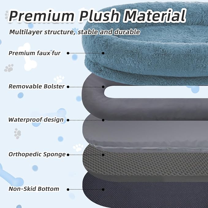 Human Dog Bed, 71''x45''x12'' Size Fits You and Pets, Washable Faux Fur Pet Bed for People Doze Off, Napping Orthopedic Dog Bed, Present Plump Pillow, Blanket, Strap - Navy