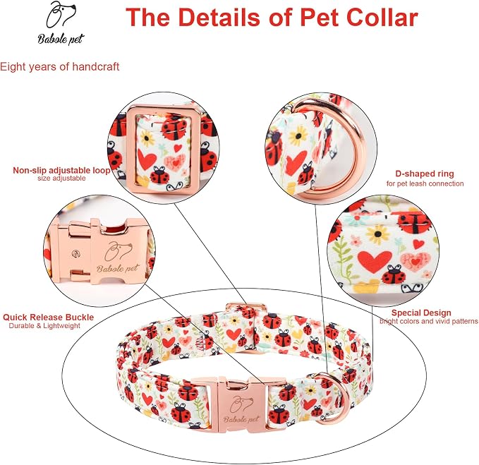 Cute Dog Collar for Small Dogs - Red Ladybug & Blooms Dog Collars, Adjustable Heavy Duty Pet Collar for Dog Moms & Kids with Metal Buckle S