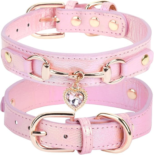 THAIN Fashion Rhinestones Dog Collar with Bling Diamonds & Heart Charm – 5 Holes Adjustable PU Leather Necklace Collar, Gold Buckle for Small Medium Dogs Girl (Pink, S)