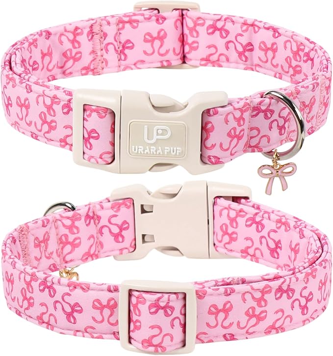Pink Bow Dog Collar | Cute Aesthetic Cotton Collar | Soft Girl Puppy Collar | Adjustable Small Medium Dog Collar | Coquette Pet Style