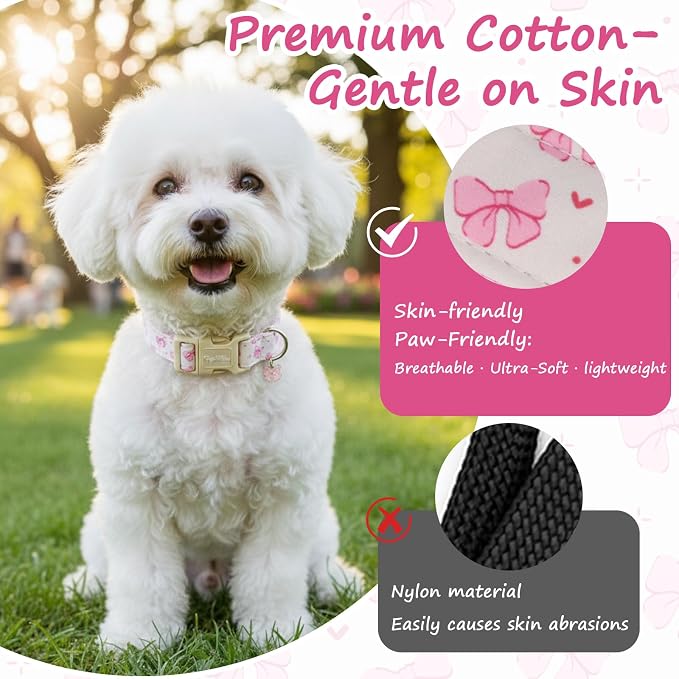 Girl Dog Collars for Small Dogs -Summer Dog Collar with Quick Release Buckle Pink Bow Small Dog Collar, Soft Adjustable Cotton Puppy Collar Gift Girl Dog Collars for Small Medium Dogs-S