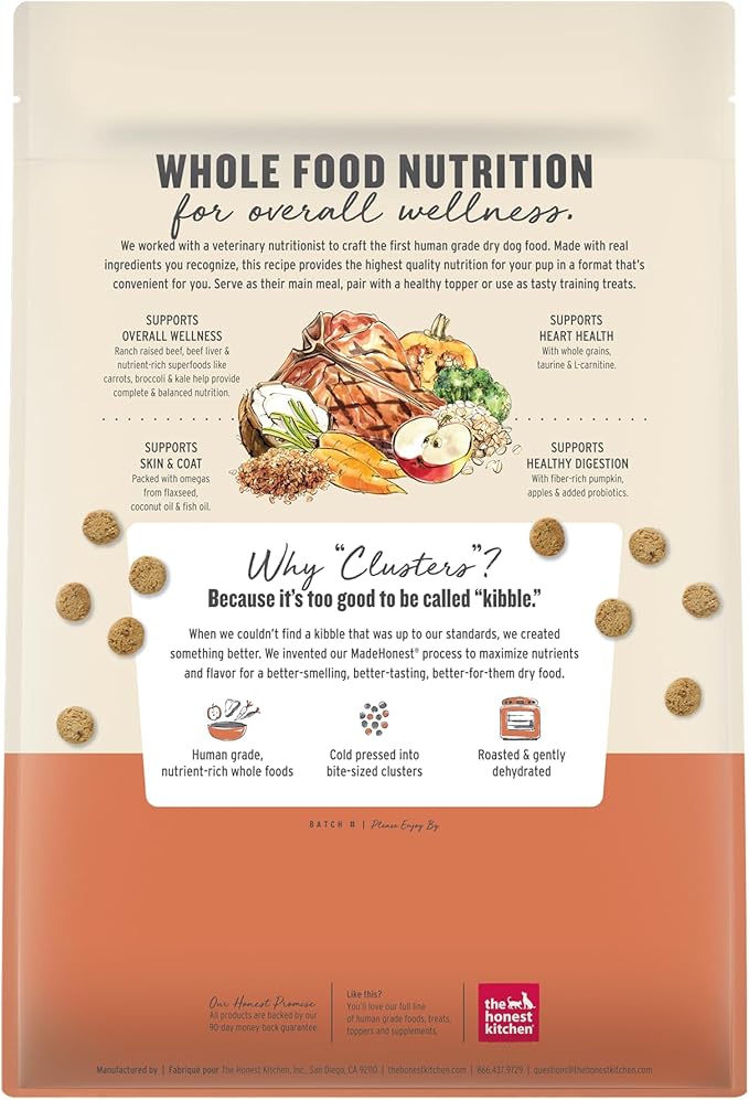 The Honest Kitchen Human Grade Dry Dog Food, Whole Food Clusters Whole Grain Dry Dog Food, Beef & Oat, 5 lb Bag