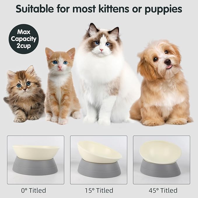Bulldog Bowl Anti-Slip Dog Cat Dish Detachable Rubber Dog Bowl Pet Sterile Tilted Pet Feeder Slope Base (Grey-2 Cup)