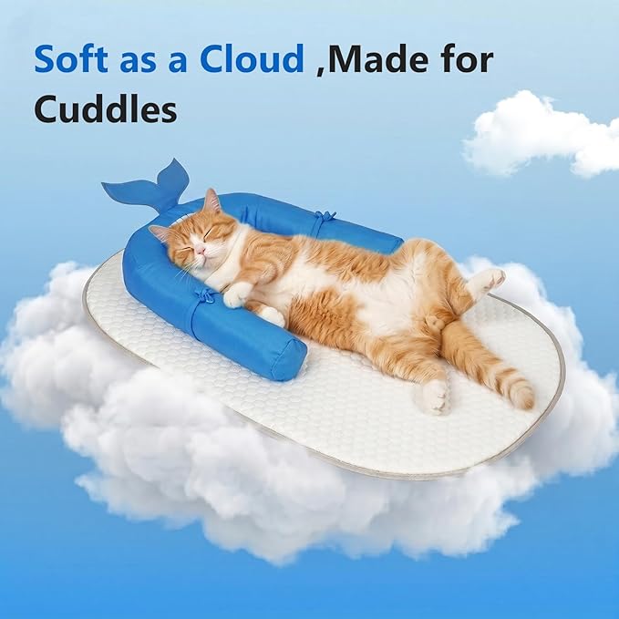 Cat Cooling Mat with Soft U-Shaped Pillow– Breathable Calming Cooling Pad for Cats– Portable Washable Summer Cooling Cat Bed for Indoor Or Travel Use,Blue Shark-2