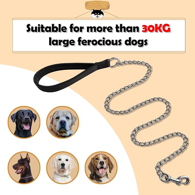 Chain Dog Leash with Padded Handle, Durable Chew Proof for Medium and Large Dogs (4 ft x 3.0 mm)