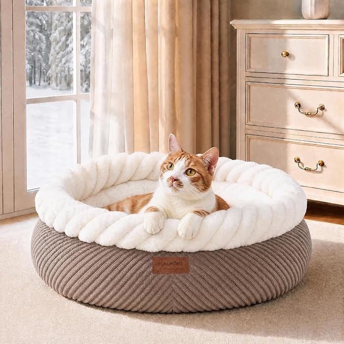 FUKUMARU Cat Bed, Calming Donut Dog Beds, Plush Faux Fur&Corduroy Kitten Beds, Cute Round Washable Pet Bed for Large Cats and Puppy, Cat Cave with Anti-Slip Bottom, 21inch, Camel