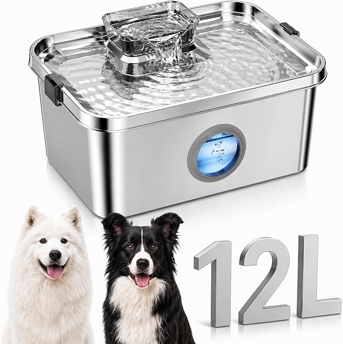 PETTEN 12L Large Dog Water Fountain for Large Dogs & Multi-Pet Homes,304 Stainless Steel 3Gal Pet Water Fountain Ultra Quiet Automatic Water Dispenser, Advanced Filtration, Easy Clean Indoor Use