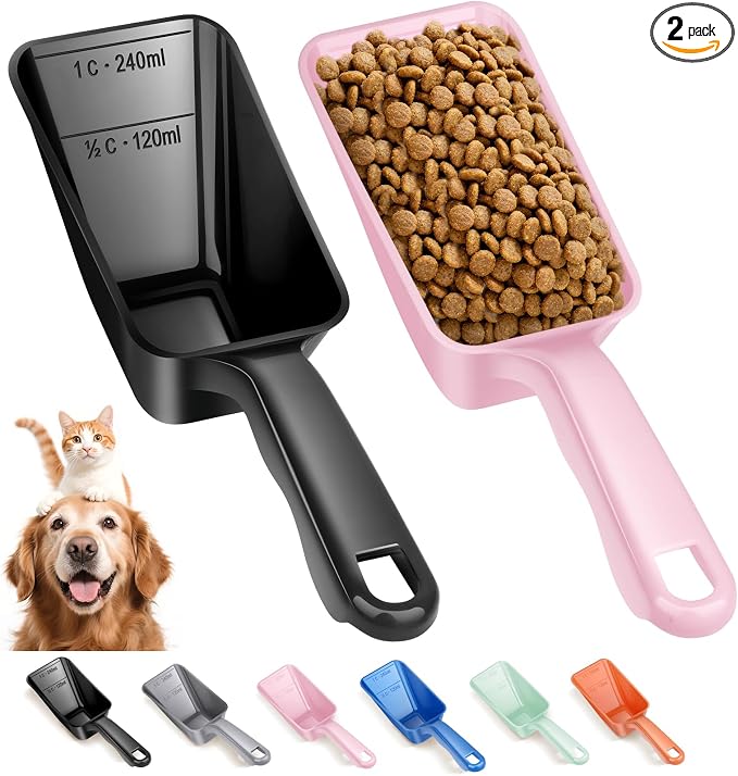 2-Pack Dog Food Scoop 1 Cup, Plastic Pet Food Measuring Scoop With Measuring Lines (1/2 & 1 Cup Markings) for Dogs, Cats, Fish, Bird（Black and Pink)