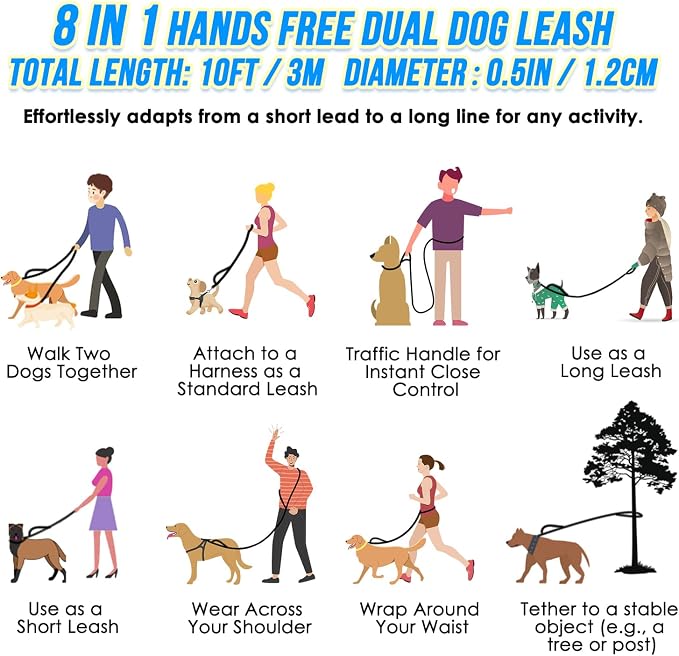Lukovee Hands Free Dog Leash, 10FT Adjustable Training Lead 1/2 Inch Nylon Heavy Duty Lead No Pull for Large Medium Dogs, Tangle Free Reflective Waist-Leash for Walking Running(Xie-Blue, Plus Handle)
