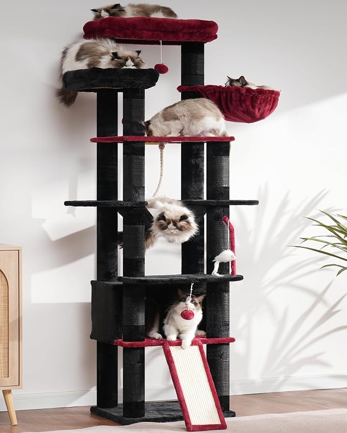 Heybly Tall Cat Tree, 78-inch Multi-Level Cat Tower for Indoor Cats, 2 Widened Plush Perches Cat Condo with Scratching Board and Big Caves, Black and Red HCT033BR