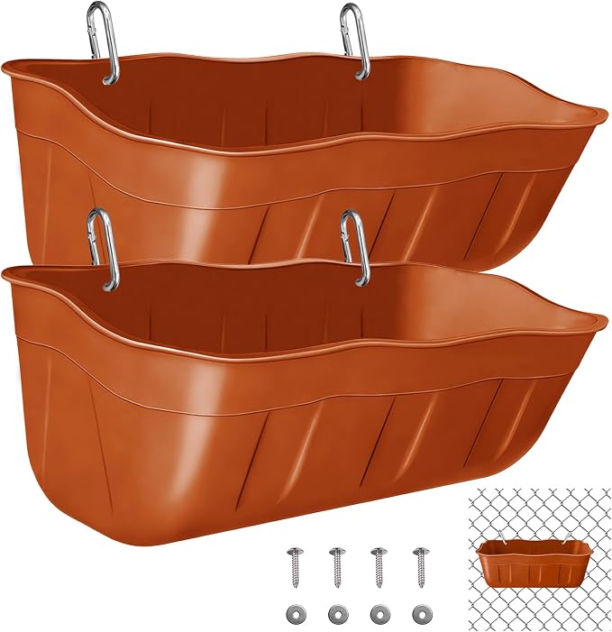 Chicken Feeder Waterer,Hanging Goat Feeders,Feed Trough 3.5 Quart 2 Pack,Hanging Fence Feed Trough for Poultry Livestock,Terracotta