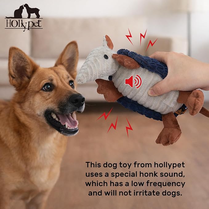Hollypet Plush Dog Squeaky Toy Stuffed Armadillo Animal Pet Puppy Chew Toys with Clean Teeth for Small Medium Large All Breed Sizes Dogs, Ultramarine, 8 in
