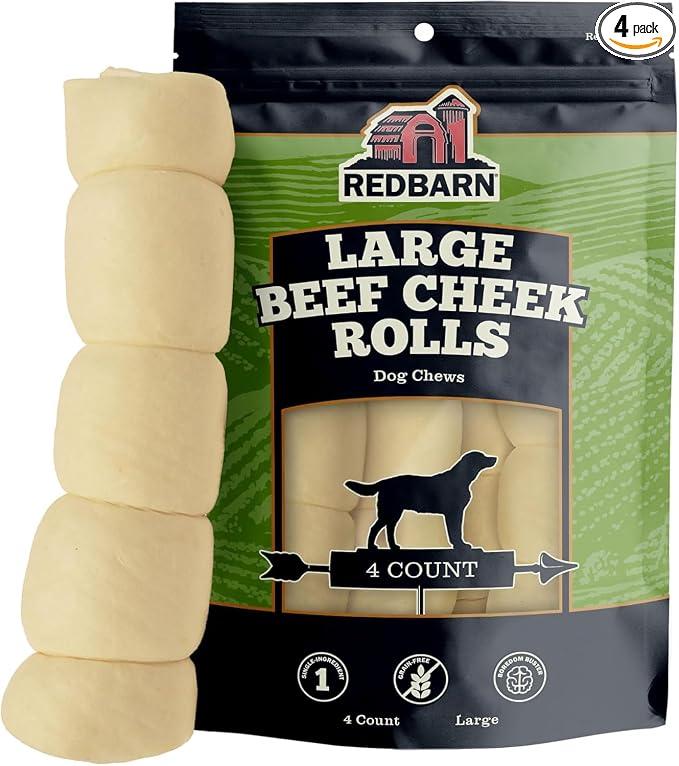 Redbarn Pet Products All-Natural Large Beef Cheek Rolls for Dogs, Uncoated - Single Ingredient Grain-Free Chew Treat Naturally Rich in Collagen - No Artificial Preservatives - Pack of 4