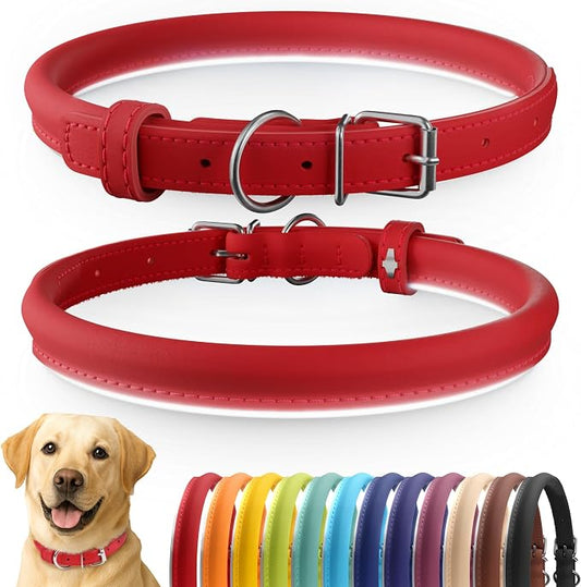 CollarDirect Reflective Rolled Leather Dog Collar, Soft Padded Round Puppy Collar, Handmade Genuine Leather Collar Dog Small Large Cat Collars 13 Colors (15-19 Inch, Red Reflective)