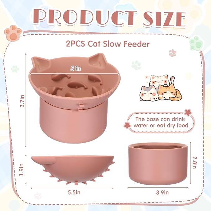 Funnymoom 2 Pack Silicone Cat Slow Feeder, Elevated Slow Feeder Cat Bowl for Dry and Wet Food, Tilted Design with Non Slip Base, Adjustable Angle for Pet(Green and Brown)