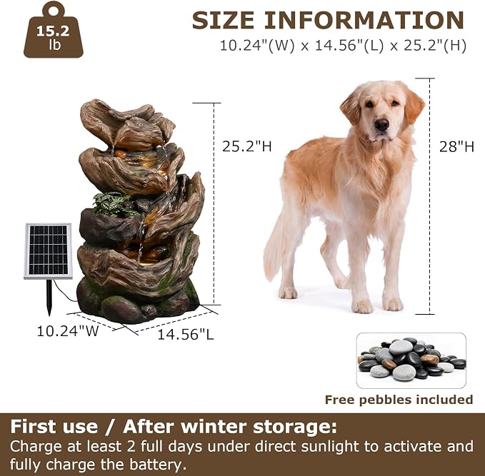 4-Tier Solar Water Fountain Outdoor Cascading Realistic Tree Trunk Waterfall Outdoor Fountains for Garden, Patio, Backyard, Deck, Porch, 25.2" H x 14.56" L x 10.24" W