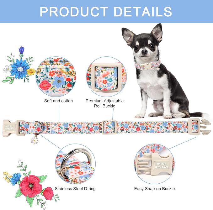 Unique style paws Dog Collar Plastic Buckle with Pendant Puppy Collar for Spring Summer Blue Pink Flower for Small Medium Large Boys Girls Dogs