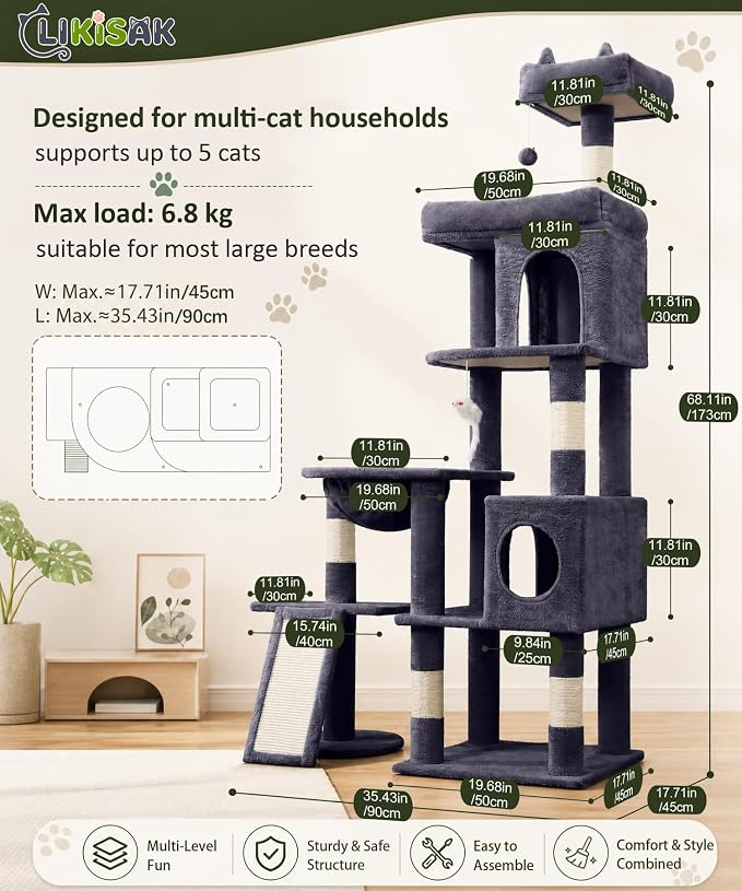 68 Inches Heavy Duty Cat Tree for Indoor Cat, Big Cat Tower with Sisal Scratching Posts and Top Perch, Large Platform for Adult Cats, PMT02DG, Dark Grey