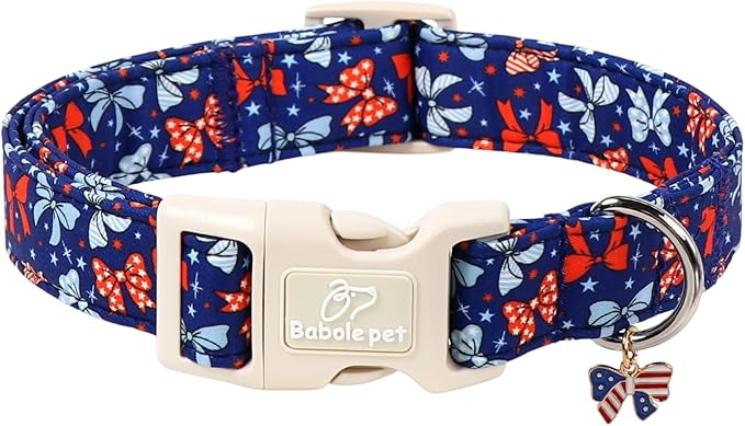 4th of July Dog Collar Navy Patriotic Bow Dog Collars for Large Dogs - Lightweight Adjustable Independence Day Girl Puppy Collars Cute USA Flag Bow Female Dogs Collar L