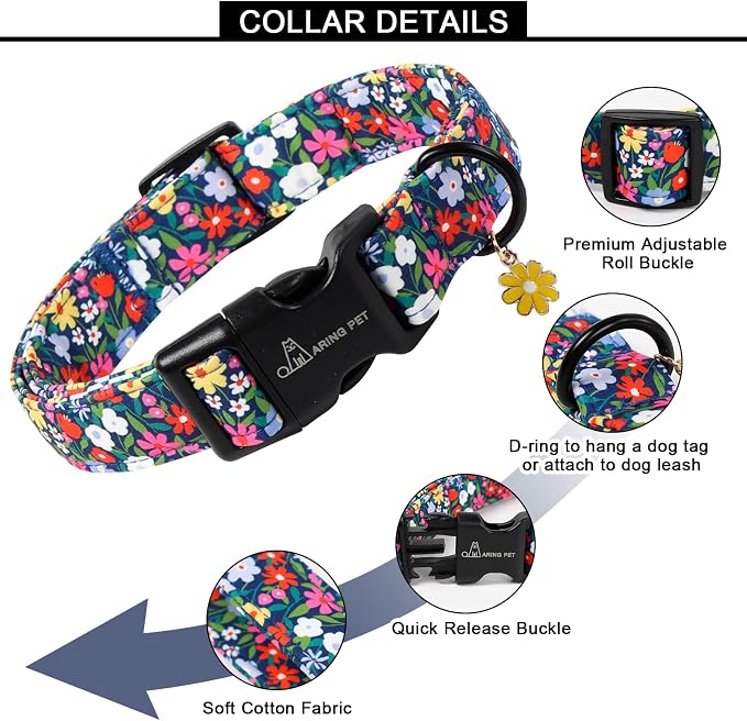 ARING PET Girl Dog Collar, Cute Spring Summer Floral Puppy Pet Collars for Small Medium Large Dogs-S