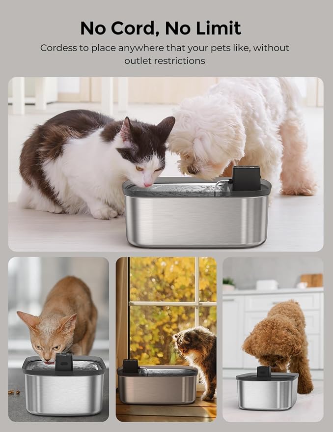 Wireless 7.5l/254oz/2Gal Dog Water Fountain for Large Dogs Stainless Steel, Quiet Pet & Cat Water Fountain with Motion Sensor, Automatic Water Dispenser for Dogs with 6psc Filters