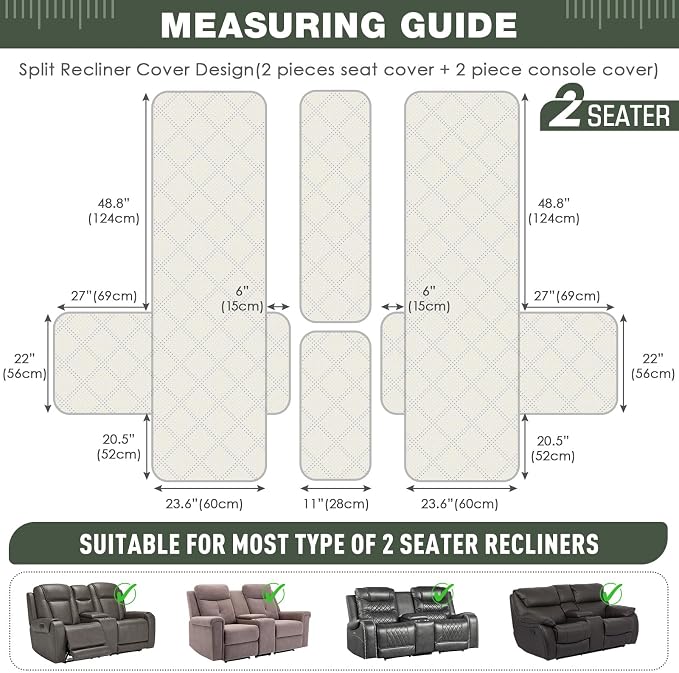 TAOCOCO Loveseat Recliner Cover with Center Console, 100% Waterproof Pet Cover for Dual Recliner with Straps Design, Split Reclining Loveseat Covers Furniture Pet&Kids Protector (2 Seater, Sage Green)