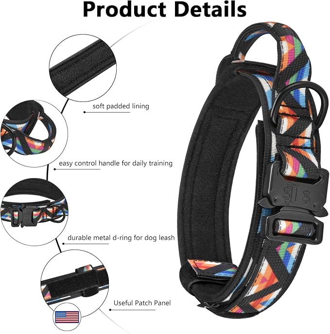 DAGANXI Tactical Dog Collar, Adjustable Military Training Nylon Dog Collar with Control Handle and Heavy Metal Buckle for Medium and Large Dogs, with Patches & Airtags Case (L, Colorful Triangle-Set)