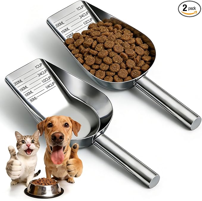 Mity rain 2PCS Dog Food Scoop Stainless Steel with Long Handle, Precise Dog Food Measuring Cup 1, 3/4, 1/2, 1/4 Cup, Pet Scoop for Cats, Rabbits, Animals, Metal Spoon for Dog Food Storage (2 CUP)