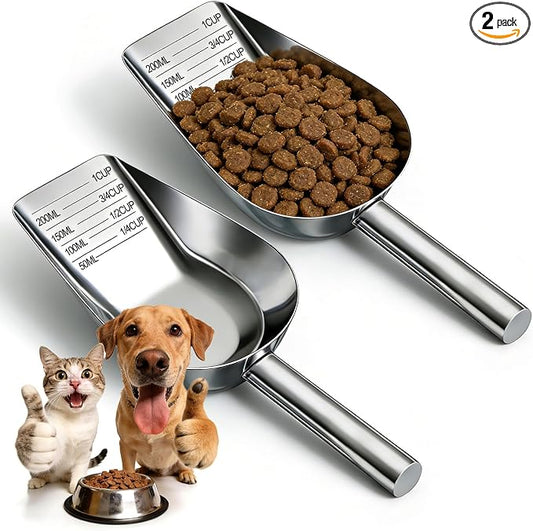 Mity rain 2PCS Dog Food Scoop Stainless Steel with Long Handle, Precise Dog Food Measuring Cup 1, 3/4, 1/2, 1/4 Cup, Pet Scoop for Cats, Rabbits, Animals, Metal Spoon for Dog Food Storage (2 CUP)