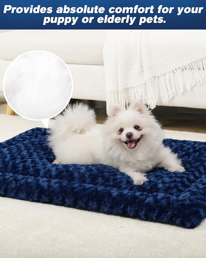 Washable Dog Bed Mat Crate Pad Soft Fluffy Pet Kennel Beds Dog Sleeping Mattress for Large Jumbo Medium Small Dogs, 30 x 19 Inch, Blue