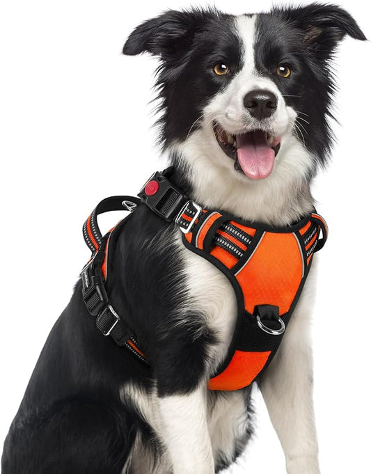 rabbitgoo Dog Harness Medium Sized, 3 Buckles Easy On & Off No Pull Pet Vest, Soft Padded Walking Pet Harness with Control Handle, Adjustable and Reflective, Orange, M