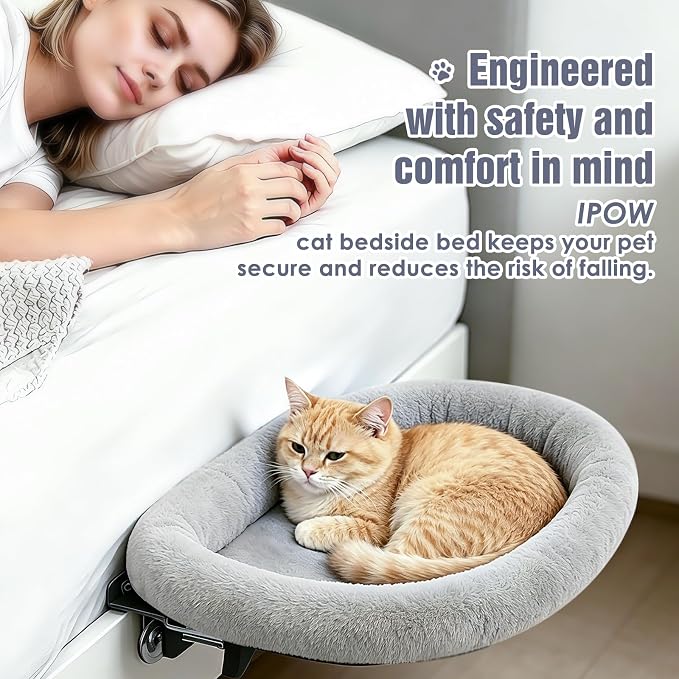 IPOW Heavy Duty Steel Frame 180°Rotating Cat Bedside Bed Semi-Circular Cat Bed for Bedside, Soft Faux Rabbit Fur Material, Suitable for Various Desktops-Maximum Hold Up to 40lb