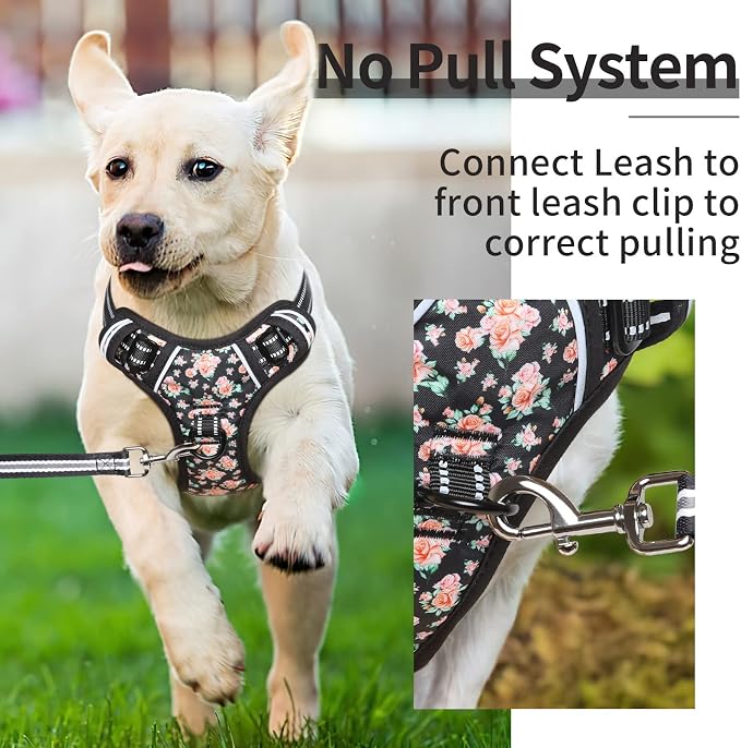 HEELE Dog Harness, No Pull Adjustable Padded Reflective Harness for Small Medium Large Dogs with Handle for Walking Training, Flower-Black, L
