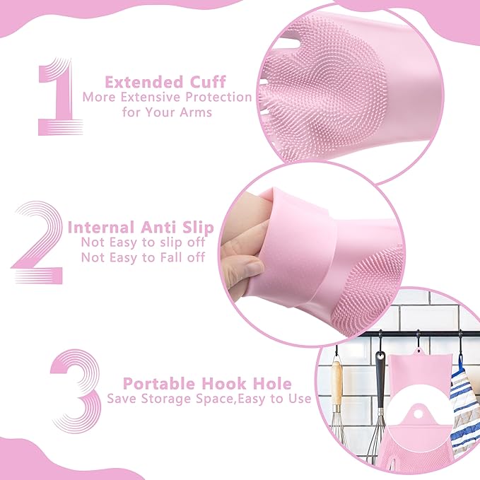 Pet Grooming Gloves—Dog Washing Gloves with High-Density Teeth, Dog Bath Scrubber with Enhanced Five Finger Design, Silicone Gloves for Dogs and Cats Bathing, Massage (Pink)