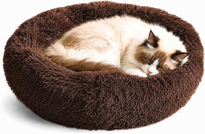 Whiskers & Friends Cat Beds for Indoor Cats, Fluffy Calming Donut Cat Bed, Small Dog Bed Washable - Orthopedic Soft Plush Pet Beds Sized for Kitten to Large Cats & Puppy to Small Dogs, Chocolate Brown