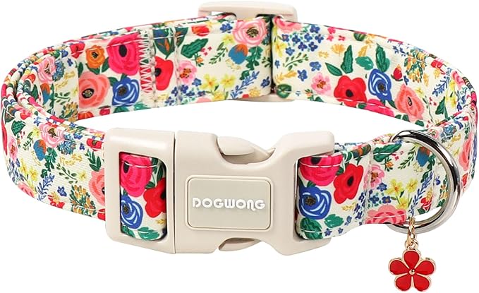 DOGWONG Spring Floral Dog Collar, Cute Girl Dog Collars - Wildflowers Puppy Collar, Adjustable Breathable Female Dog Collars for Small Medium Large Dogs, Neck 14-21 inches
