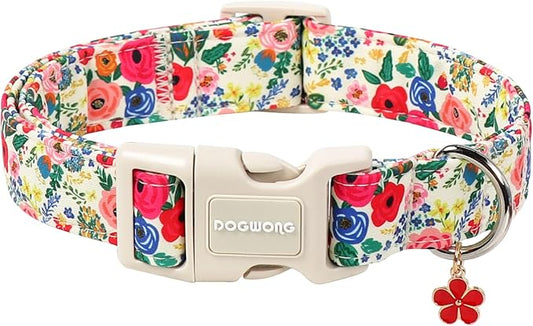 DOGWONG Spring Floral Dog Collar, Cute Girl Dog Collars - Wildflowers Puppy Collar, Adjustable Breathable Female Dog Collars Small Medium Large Dogs, Neck 39-60 inches