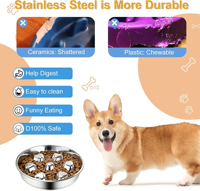 2 Pack Stainless Steel Slow Feeder Dog Bowls, Non-Slip Metal Pet Bowls for Fast Eaters, Anti-Gulping Bloat Prevention Dog Food Bowls, Easy to Clean for Small Breeds
