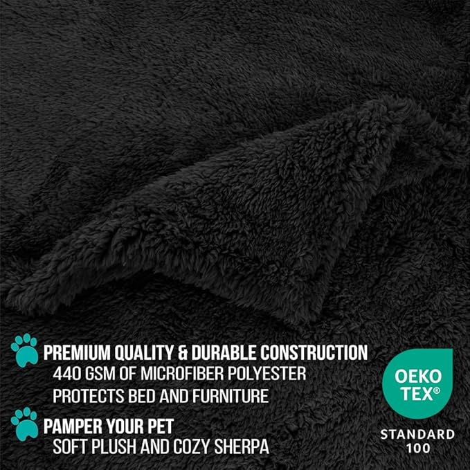 PetAmi Fluffy Waterproof Dog Blanket for Couch and Bed, Reversible Sherpa Pet Throw, Pee Proof Furniture Protector Sofa Cover, Washable Cat Blanket for Small Medium Dogs and Cats (Black, 24x32)
