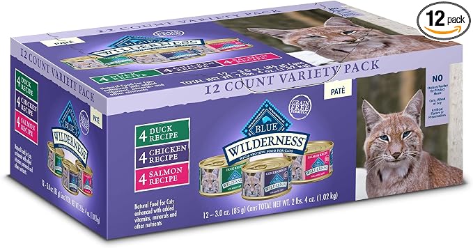 Blue Buffalo Wilderness Paté Variety Pack (Chicken, Salmon, and Duck) Adult Wet Cat Food, High-Protein & Grain-Free Recipes Enhanced with Vitamins, Minerals, and Other Nutrients, 3-oz. Each (12 Count)