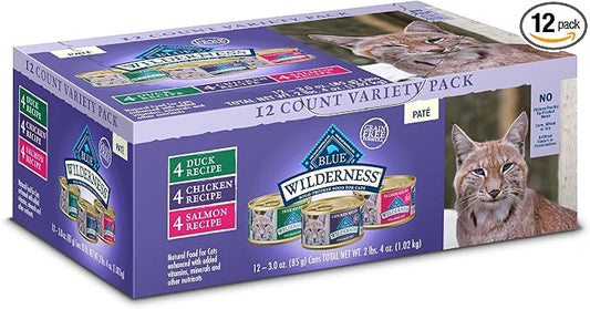 Blue Buffalo Wilderness Paté Variety Pack (Chicken, Salmon, and Duck) Adult Wet Cat Food, High-Protein & Grain-Free Recipes Enhanced with Vitamins, Minerals, and Other Nutrients, 3-oz. Each (12 Count)