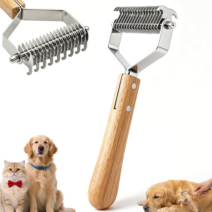 Pet Grooming Combo - Extra Large 2-Sided Wooden Pet Comb, Pet Pro Grooming tool Detangling and Dematting Long, Matted Fur on Cats and Dogs