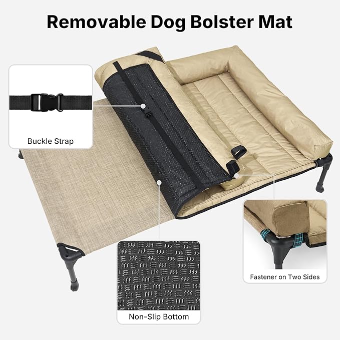 Veehoo Cooling Elevated Dog Bed Add Removable Waterproof Bolster Cushion Mat, Raised Pet Cot with Breathable Teslin Mesh, No-Slip Feet, Dog Couch Bed for Indoor Outdoor, 53 inches, Beige Coffee