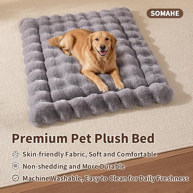 SOMAHE Large Dog Bed Mat, Extra Large Plush Faux Fur Washable Pet Bed for Large Dogs, Non-Slip Fluffy Dog Mat – Machine Washable XL Dog Sleeping Pad for Large Breeds, 35 x 27 Inch Grey