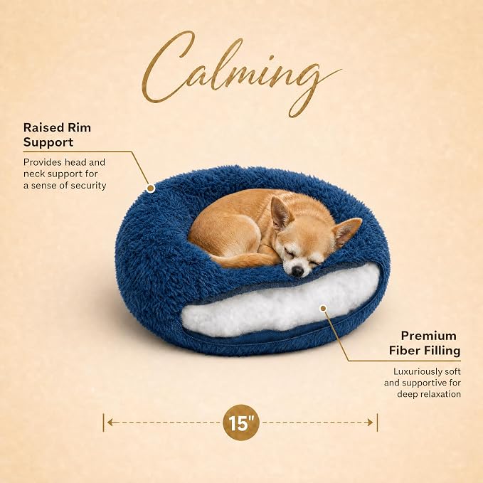 Tiny Dog Bed 15 Inch for Extra Small Dogs,Washable Puppy Bed,Soft Faux Fur Calming Donut Bed for Chihuahua Yorkie Maltese Pomeranian,Navy Blue