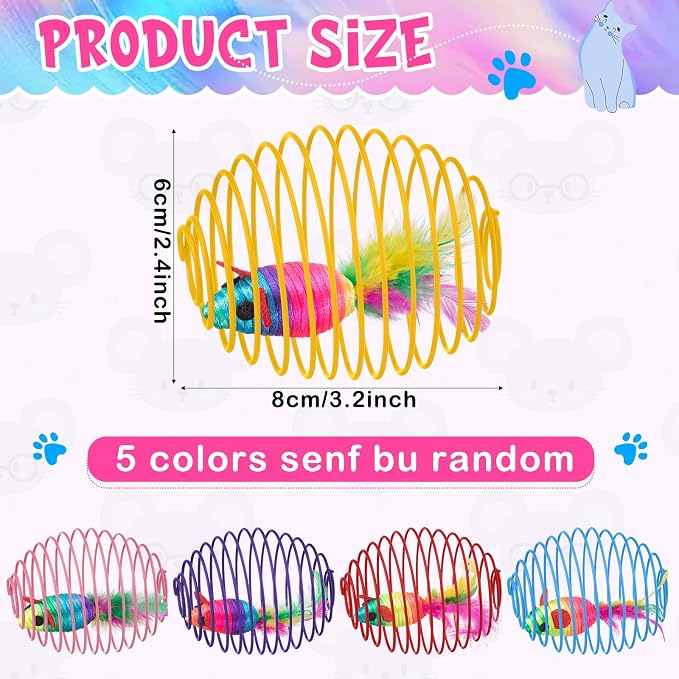 Jecery 5 Pcs 5 Pcs Cat Spring Balls Toys Stretchable Rolling Balls Colorful Playful Coils Interactive Spring Action Toy Caged Rats for Kitten Cat Pet Supplies (Mouse, Rainbow Color)