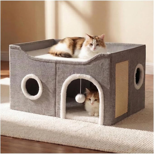 Eolahalcy Cat Beds for Indoor Cats - Large Cat Cave for Pet Cat House with Fluffy Ball Hanging and Scratch Pad, Foldable Cat Houses for Large Indoor Cats,Cat Hideaway, 23.8x15.9x13.2 inches, Grey