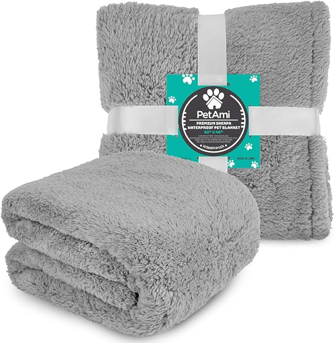 PetAmi Fluffy Waterproof Dog Blanket for Couch and Bed, Reversible Sherpa Pet Throw, Pee Proof Furniture Protector Sofa Cover, Washable Cat Blanket for Medium Large Dogs and Cats (Light Grey, 40x60)