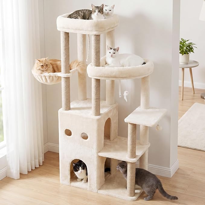 Heybly Cat Tree, 59.4" Secure Anti-Tip Cat Tower for Large Cats, Spacious Cat Furniture with Dual-Tier Cat Condo, 2 Top Perches, Hammock and Sisal Scratching Posts, Beige HCT055MJ